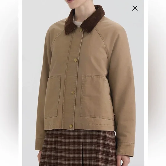 Hunter Insulated Tan Barn Crop Jacket with Dark Brown Corduroy Collar M NWT - Picture 2 of 16